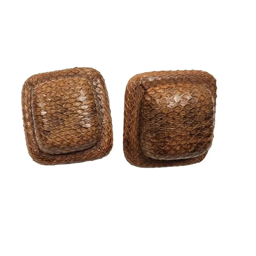 Vintage 60s-70s Snake Embossed Leather Square Clip-On Earrings
